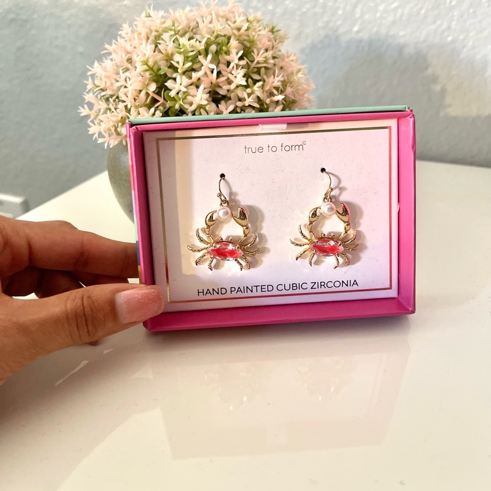 True to Form Gold Crab Drop Earrings with Pink Accents